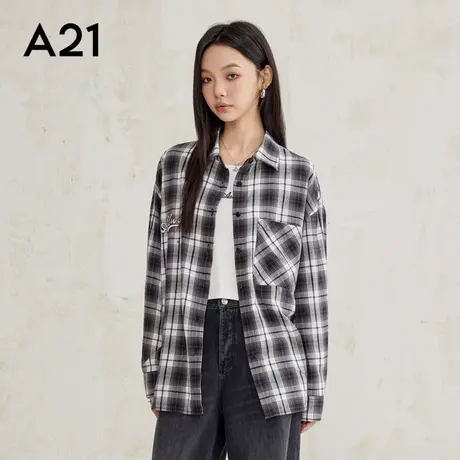 A21女装梭织宽松翻领落肩开襟衬衫休闲黑灰白格子长袖上衣商品大图