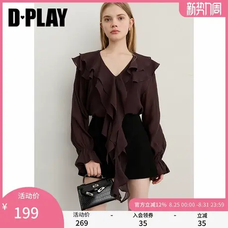 DPLAY2025年秋季新款黑色衬衫女法式气质V领荷叶边上衣长袖小衫商品大图