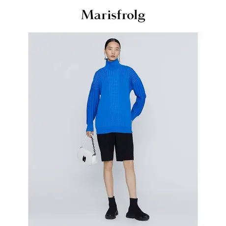 【商场同款】Marisfrolg玛丝菲尔冬季新款蓝色高领纯羊毛针织衫商品大图