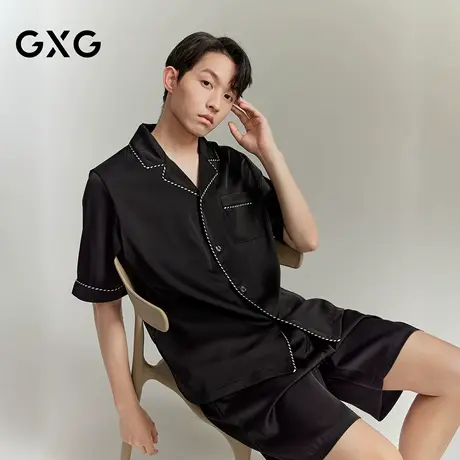 GXG男士家居服 黑白拼色冰丝肌理短袖衬衫透气睡衣套装商品大图