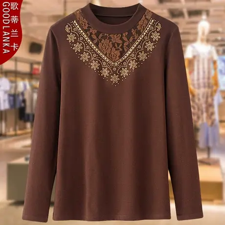 大码中老年妈妈秋冬德绒打底衫宽松显瘦洋气网纱镶钻内搭T恤上衣图片