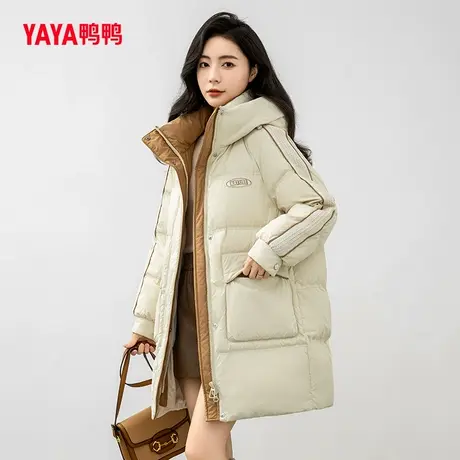 鸭鸭羽绒服女2023年冬季新品中长款连帽撞色拼接加厚百搭外套J图片