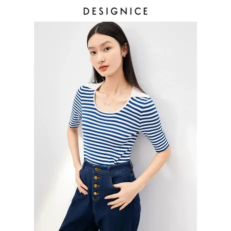 迪赛尼斯上衣2023春装新款早春海军风修身翻领条纹短袖针织T恤女图片