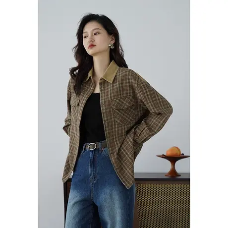 嘉茱莉2023新款1OO棉复古格子衬衫外套女小个子中长款宽松上衣商品大图