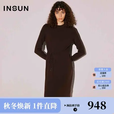 恩裳COVER2023冬装新款羊毛混纺腰部抽绳设计圆领长袖针织连衣裙图片