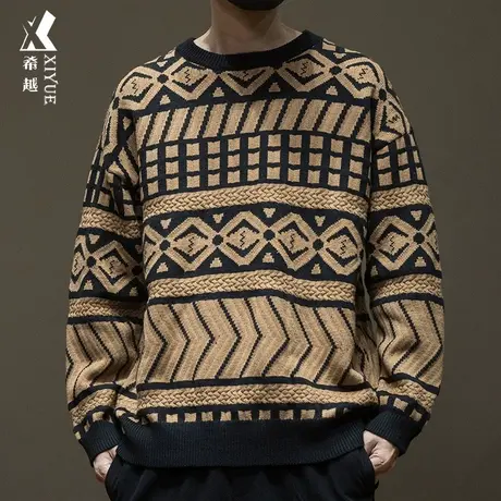 希越国风重磅770g针织圆领毛衣男士秋冬季撞色8针线衣青少年潮流图片