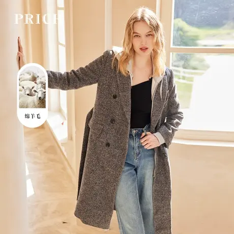 PRICH毛呢大衣新品秋冬新款含绵羊毛直身腰带收腰翻领外套女商品大图