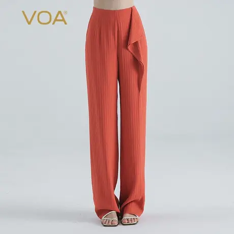 VOA41姆米桑蚕丝棕红条纹无界连腰不对称活页宽松百搭真丝直筒裤商品大图