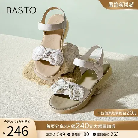 百思图夏季商场新款蝴蝶结一字带女魔术贴休闲平底凉鞋WJZ31BL3图片