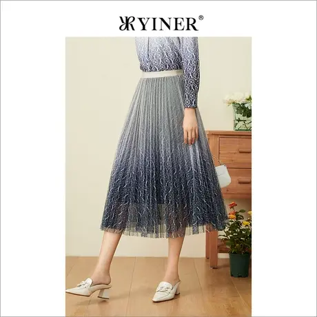 YINER音儿女装春季LOGO印花渐变网纱中长半身裙图片