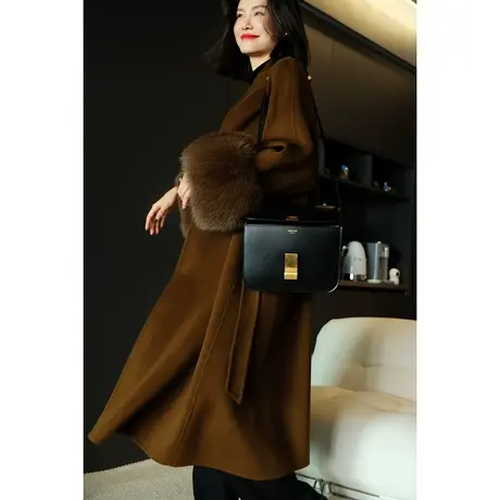 23秋冬新款大气优雅高织超细澳毛双面呢狐狸毛皮草袖女士大衣外套图片