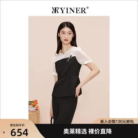 YINER音儿女装2023夏季新款钉珠蝴蝶结收褶雪纺衫上衣图片