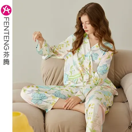 芬腾睡衣女春秋季冰丝开衫长袖宽松韩版加大码仿真丝绸家居服套装商品大图