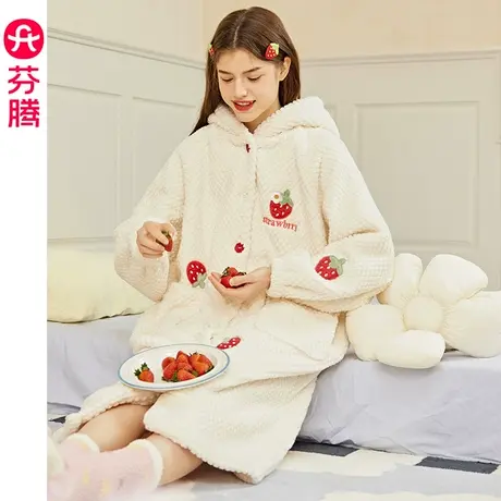 芬腾睡袍女秋冬季珊瑚绒加绒加厚连帽睡衣法兰绒女款加大码家居服商品大图