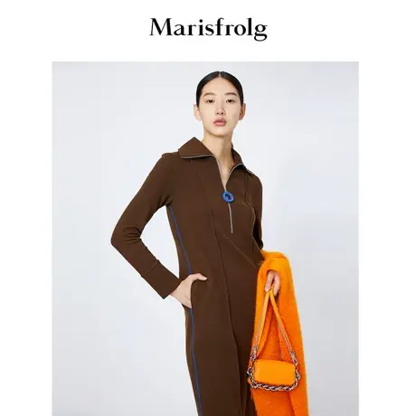 【polo连衣裙】玛丝菲尔冬季新款咖啡色拉链翻领长袖连衣裙商品大图