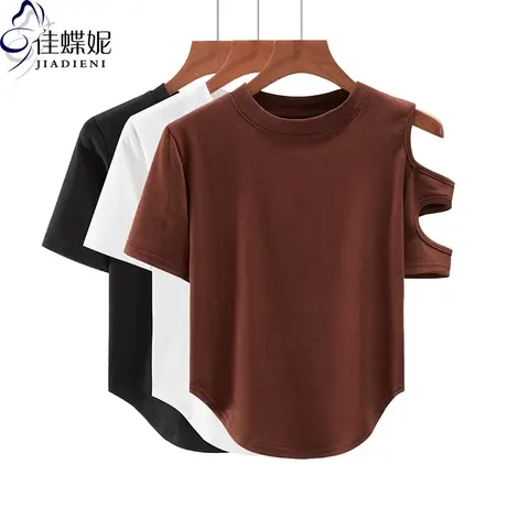 夏季新款韩版圆领纯棉修身镂空纯欲短款下摆圆弧短袖上衣内搭女装商品大图