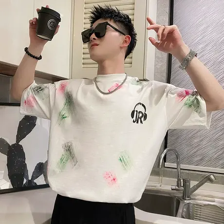 夏季小众彩色印花T恤潮牌五分袖ins半袖2023新款半截袖网红短袖商品大图