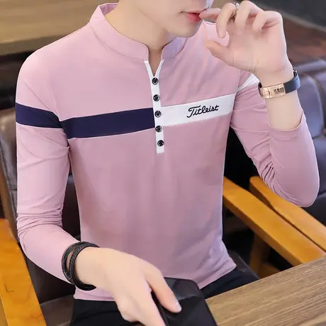 2021春季新款男士潮流纯棉长袖T恤男士立领Polo衫韩版修身上衣服商品大图