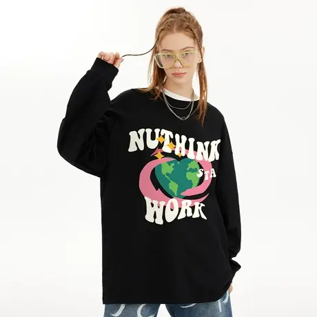 Nuthink美式宽松地球长袖t恤男潮牌大码小众上衣潮流春季打底衫商品大图
