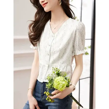 时尚气质碎花蕾丝短袖衬衫2023年夏季新款淑女温柔V领修身上衣商品大图