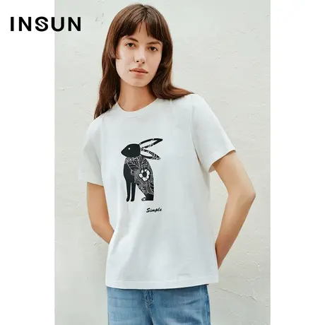 INSUN恩裳线上专选夏季兔印花剪花纯棉T恤图片
