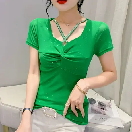 时尚扭结T恤女短袖欧货性感V领网纱小衫洋气上衣设计感女小众半袖商品大图
