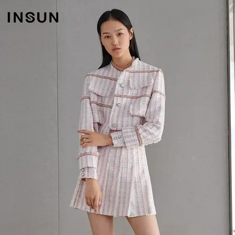 恩裳春季粉色拼接条纹小香风短外套图片