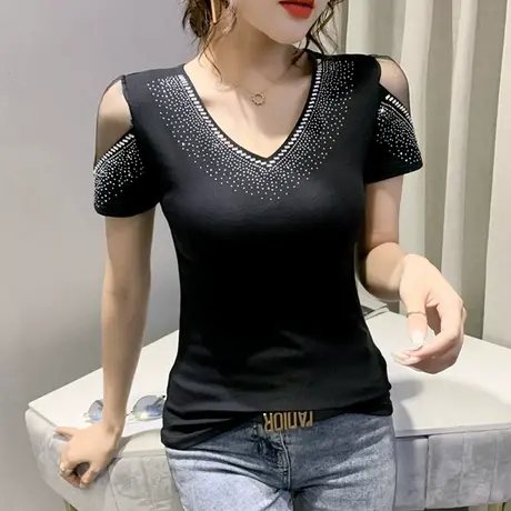 欧货网纱拼接T恤女短袖性感V领小衫重工烫钻上衣修身显瘦洋气体恤图片