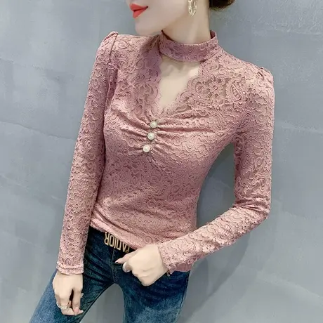 2024春秋新款性感镂空蕾丝衫女长袖修身洋气上衣加绒蕾丝打底衫潮图片