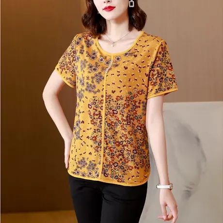 2023夏新款洋气减龄百搭圆领中老年妈妈女装宽松气质短袖T恤女商品大图