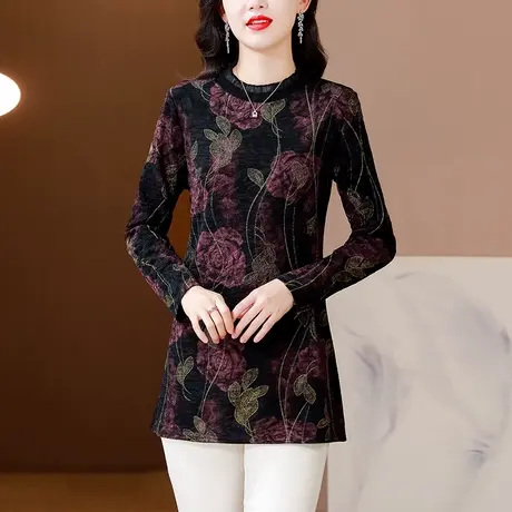 大码女装秋冬新款2023年加绒加厚中长款洋气妈妈上衣时尚打底衫女商品大图