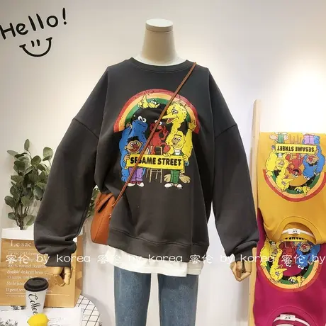 2020秋季新款毛圈棉卫衣韩国东大门潮港风休闲宽松假两件卫衣大码商品大图