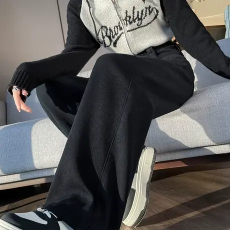 黑色阔腿裤牛仔裤女冬季高腰加绒加厚设计感直筒窄版宽松拖地长裤商品大图