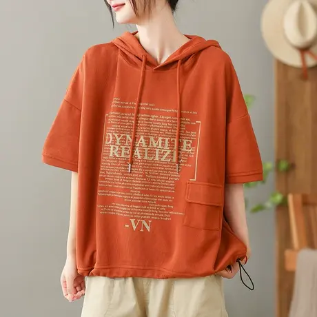 dza全棉连帽短袖T恤女2023夏季薄款打底体恤宽松显瘦外搭套头上衣商品大图