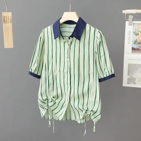 韩版洋气条纹衬衫女短袖宽松小个子短款上衣夏设计感小众纯棉衬衣图片