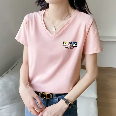 桃心领短袖t恤女士纯棉上衣2022新款夏装少女粉宽松半袖体恤ins潮商品大图