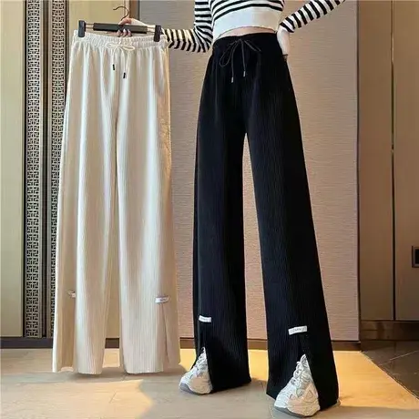 高腰开叉微喇叭裤女2024年春季新款黑色修身显瘦休闲阔腿拖地长裤商品大图