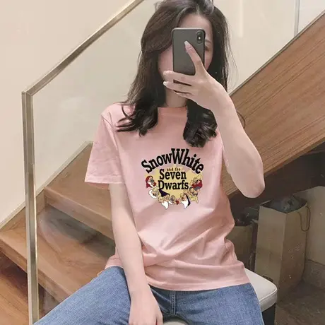 皮粉色t恤女短袖印花美式上衣2023新款夏装宽松正肩打底小衫体恤图片