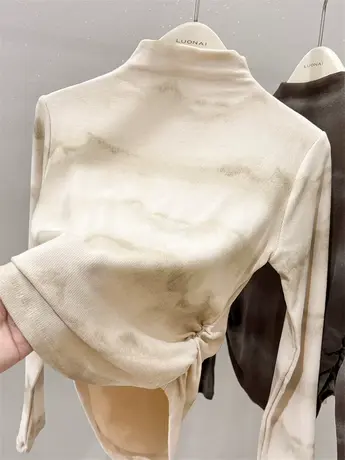 半高领加绒德绒打底衫女秋冬内搭2023新款上衣渐变扎染长袖t恤女商品大图