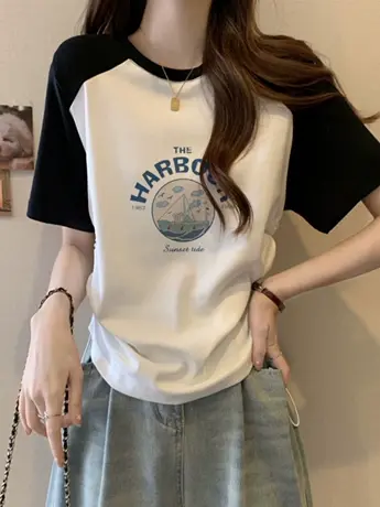 美式复古ins港风拼色大码插肩T恤女夏国潮设计感小众仿棉短袖上衣商品大图