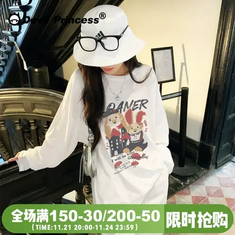 小众潮牌涂鸦风卡通印花白色正肩长袖t恤女早秋新款百搭上衣ins潮商品大图