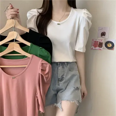 ins超火泡泡袖正肩T恤女夏季修身半袖打底小衫潮chic港味上衣短袖商品大图