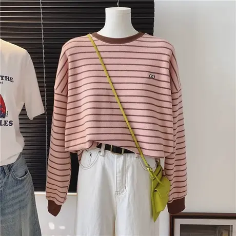 韩系港风刺绣条纹长袖T恤女秋冬宽松德绒加绒加厚条纹中长款上衣图片