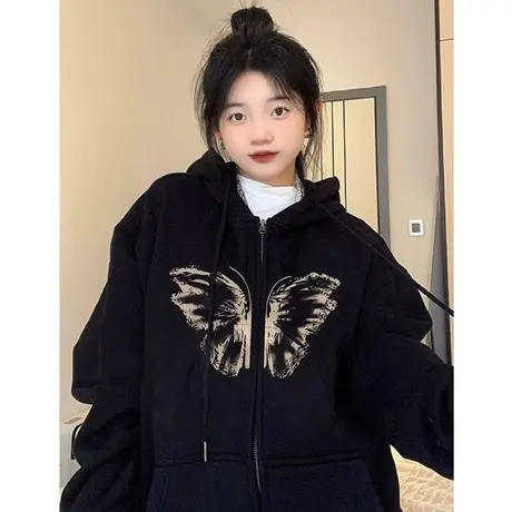 复古蝴蝶设计卫衣女2023新款秋冬爆款加绒连帽开衫潮ins大码外套图片