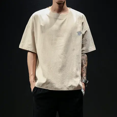 亚麻短袖t恤男潮牌潮流棉麻布衣服夏季薄款宽松半袖体恤刺绣丅恤商品大图