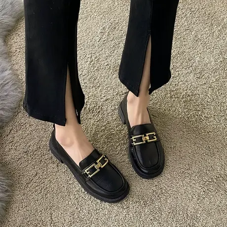 英伦风黑色小皮鞋女小众低跟乐福鞋2023年秋季新款一脚蹬上班单鞋图片
