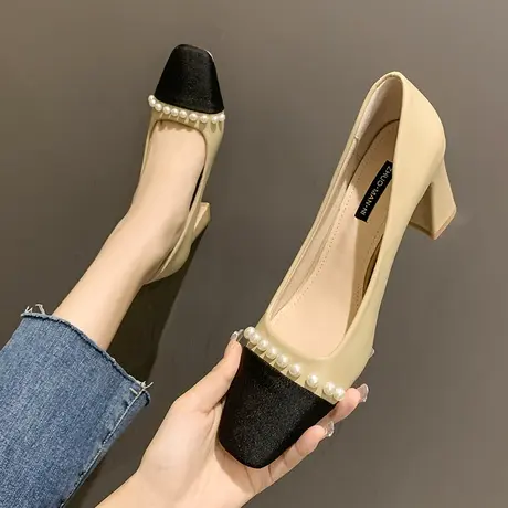 小香风拼色高跟鞋女2024年新款时尚方头女鞋浅口珍珠粗跟法式单鞋图片