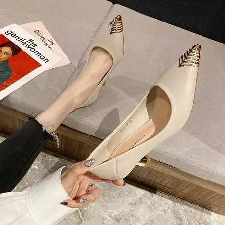 高跟鞋女尖头气质春夏季软皮不累脚浅口单鞋细跟黑色职业工作鞋图片