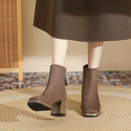 短靴女粗跟2024年新款秋冬季加绒职场工作靴时装靴中跟方头马丁靴商品大图