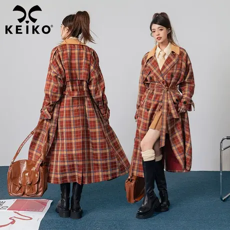 KEIKO 英伦复古格纹风衣外套长款2023秋冬高级感气质过膝显瘦大衣商品大图